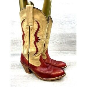 Frye 7240 Women's Red Cream 7.5 Leather Western Cowboy Boots USA Lizard Inlay